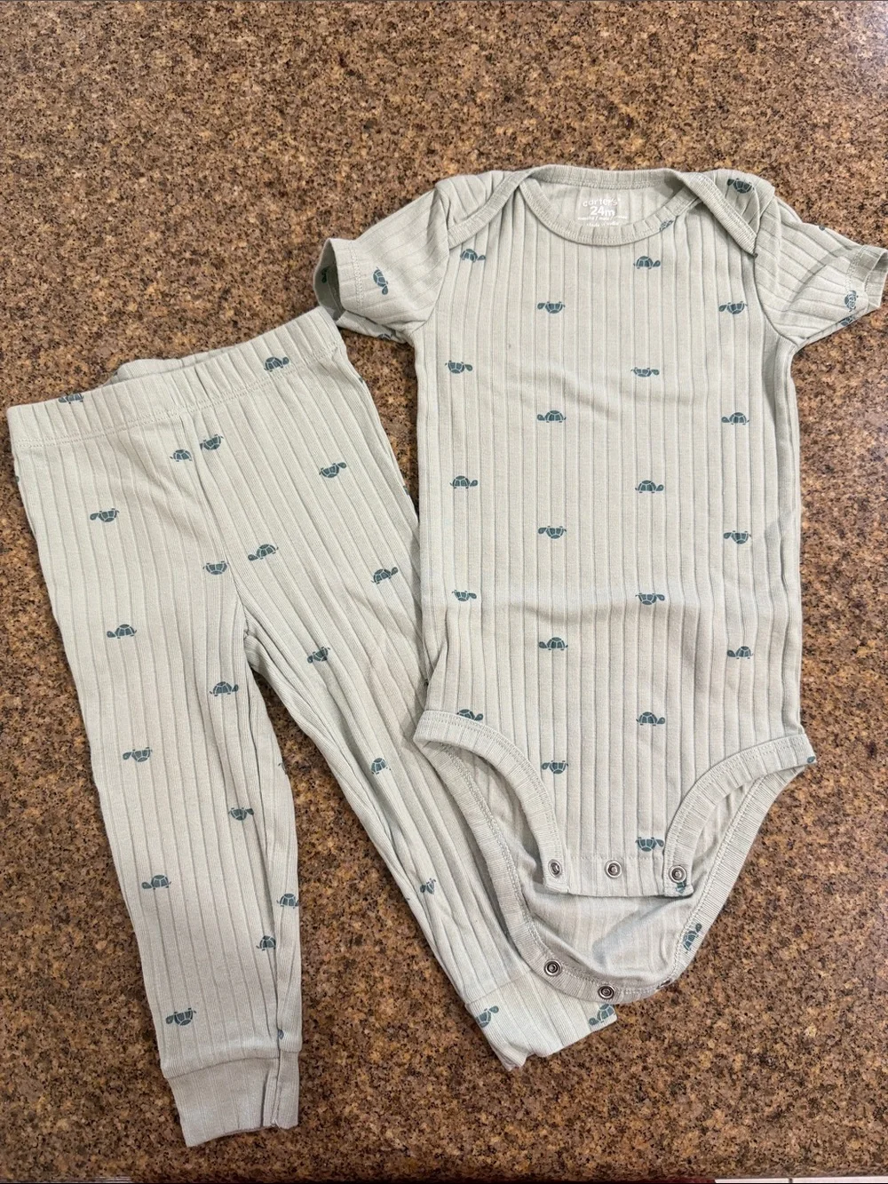 Carter's Ribbed Light Sage One-Piece & Pants Set with Teal Car Print